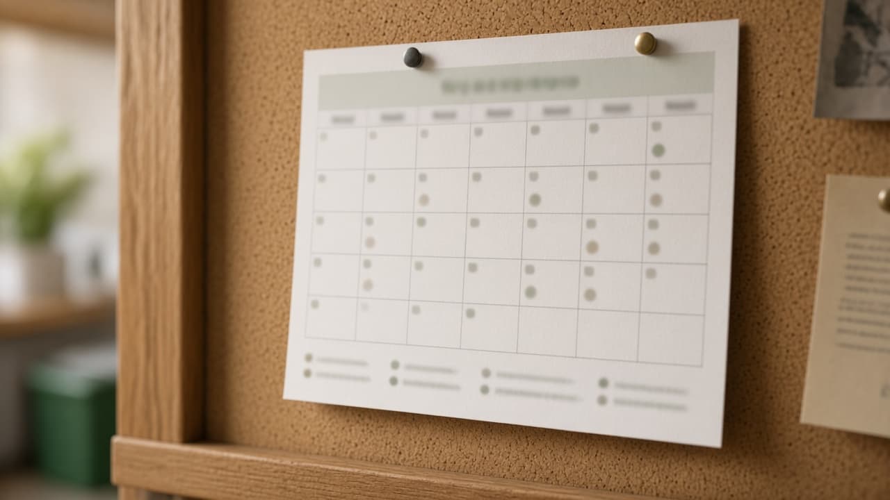 Calendrier mural dans un intérieur, lumière douce du matin — suggestion de dates de collecte.