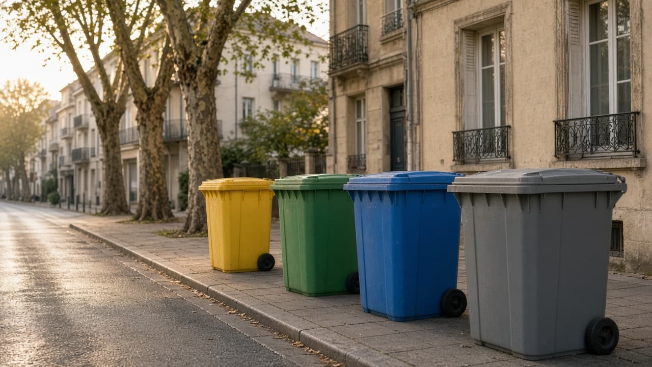 Bacs de tri colorés alignés sur un trottoir résidentiel français, au lever du jour.
