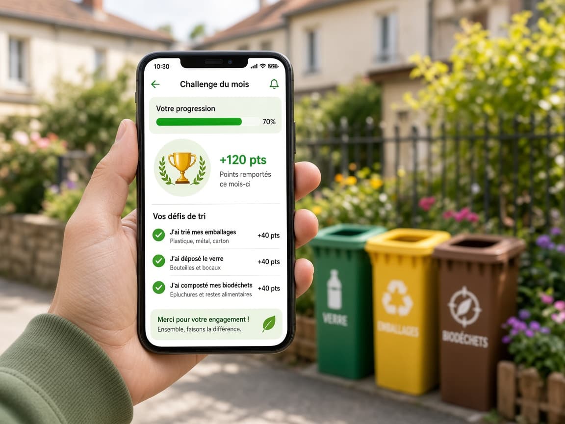 Smartphone affichant le challenge du mois Wast-O (progression, points, défis de tri) devant des bacs de collecte.