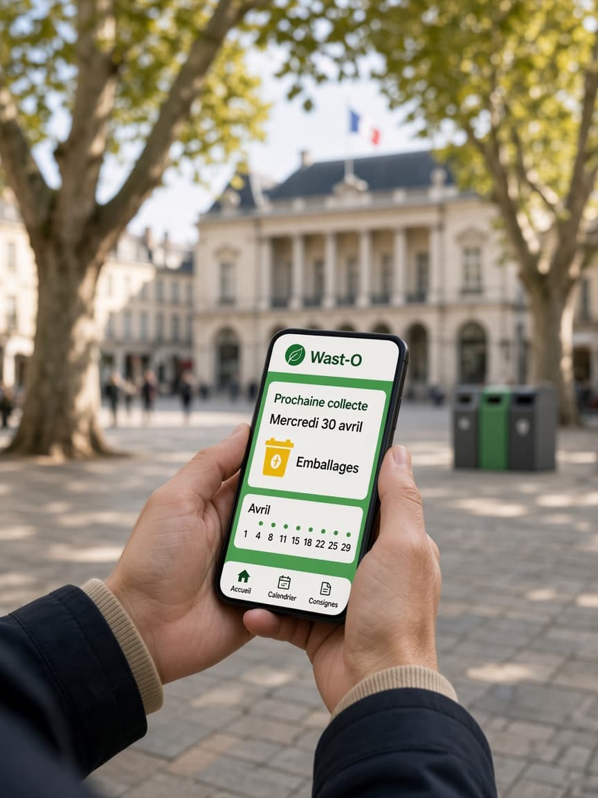 Smartphone affichant l’app Wast-O : prochaine collecte, calendrier et consignes, près des bacs de tri.