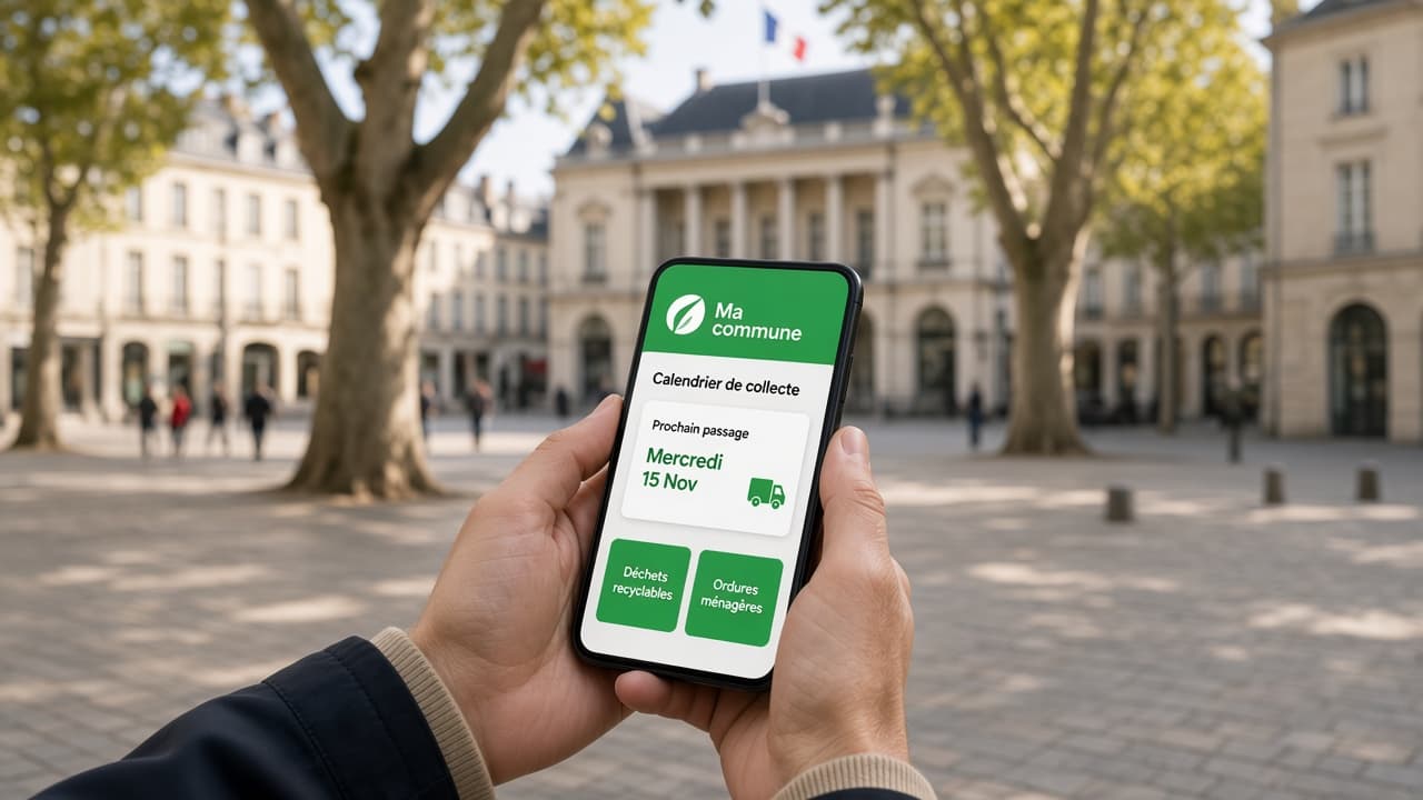 Smartphone sur une place de ville affichant l’app citoyenne marque blanche : calendrier de collecte de la commune.
