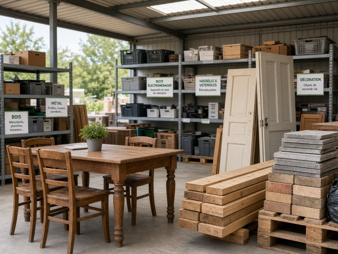 Ressourcerie : meubles réutilisables et matériaux de chantier (bois, portes, palettes) prêts pour une seconde vie.