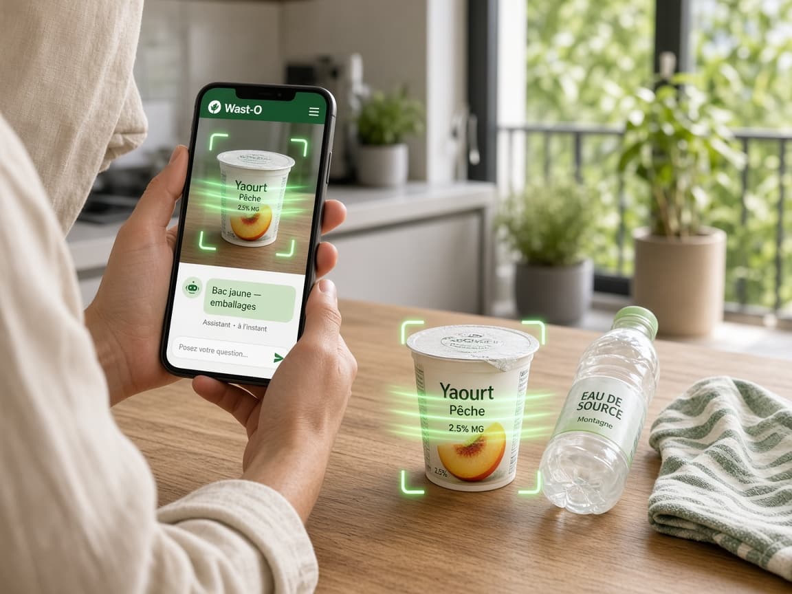 Scan IA d’un pot de yaourt : viseur sur l’emballage et réponse assistant « Bac jaune — emballages ».
